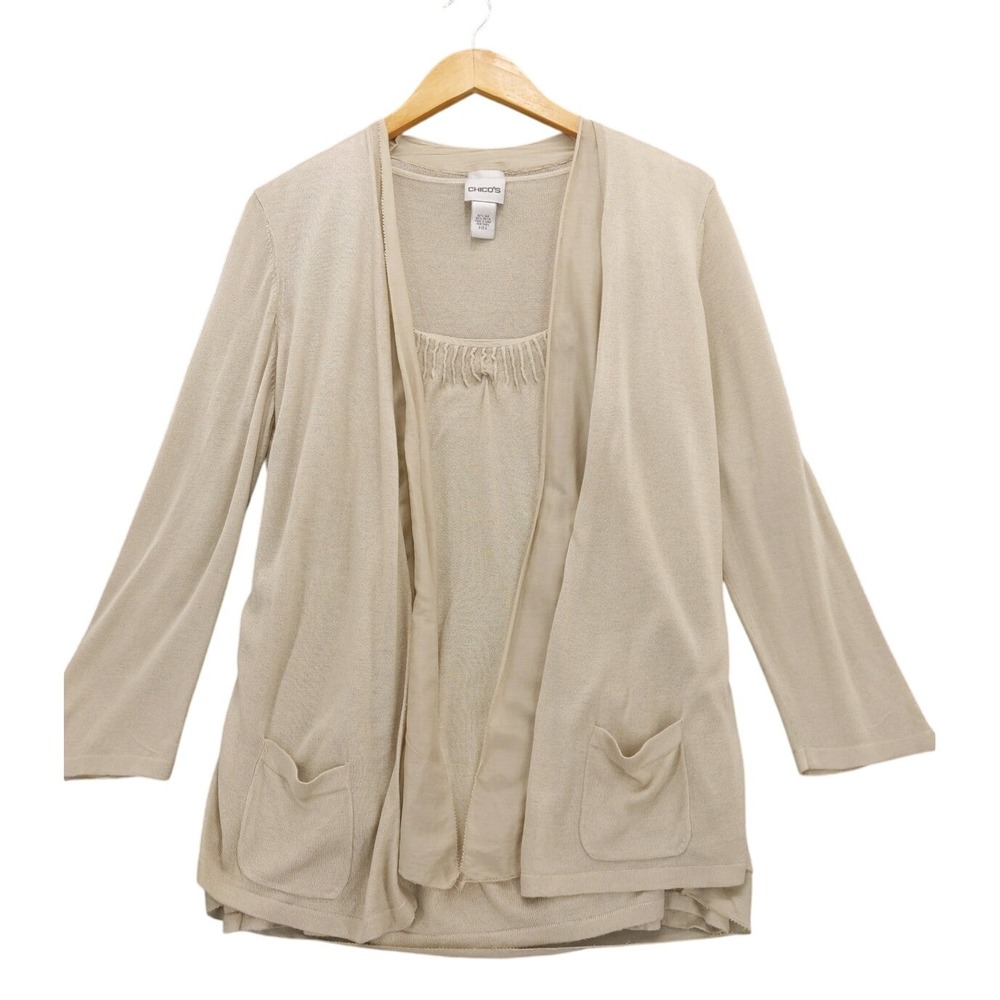 Chicos Beige Silk Blend Cardigan Tank Set Women's Size 2 L SMALL FLAW